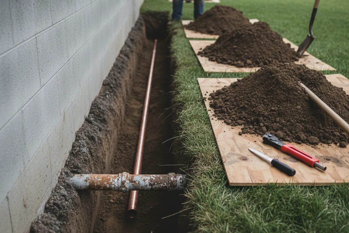 Excavated water line trench during Sewer Line Repair in Eastman